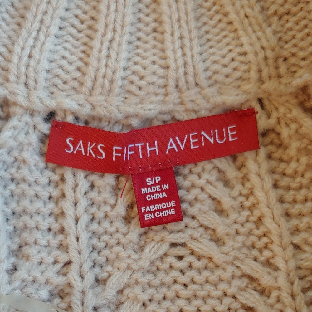 Saks Fifth Ave Wool Blend Cream Cable Knit Cowl Sweater with Side Belts Small - Picture 8 of 16